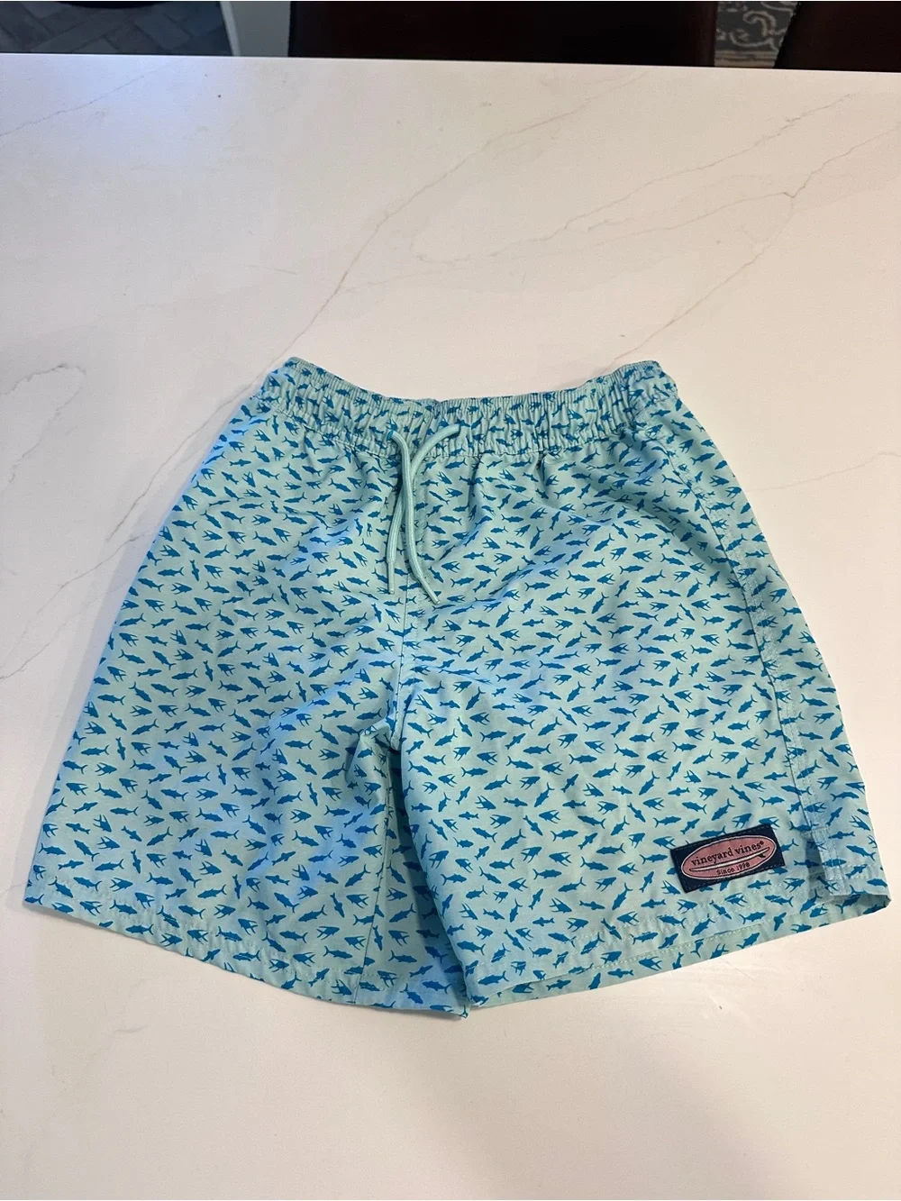 Vineyard Vines Light Blue Shark-Print Kids Swim Trunks